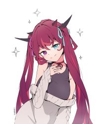 Rule 34 | 1girl, absurdres, bare shoulders, blouse, bow, breasts, choker, clothes lift, demon girl, demon horns, hair ornament, hair ribbon, heterochromia, highres, hololive, hololive english, horns, irys (hololive), long hair, looking at viewer, medium breasts, multicolored hair, nail polish, namiorii, pointy ears, red hair, red shirt, ribbon, shirt, signature, simple background, smile, solo, sparkle, star (symbol), sweater, sweater lift, twintails, very long hair, virtual youtuber, white background