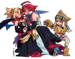 Rule 34 | 1boy, 2girls, adell (disgaea), animal hands, animal hat, artist name, back bow, bad id, bad tumblr id, black dress, blonde hair, bow, breasts, cat hat, cleavage, conto, couple, dancing, demon girl, demon wings, disgaea, dress, earrings, eye contact, gloves, goggles, goggles on head, hat, highres, jewelry, looking at another, makai senki disgaea 2, midriff, multiple girls, navel, necklace, necktie, paw gloves, paw shoes, pointy ears, popped collar, red hair, ribbon, ring, rozalin, scar, shawl, short shorts, shorts, simple background, smile, stomach, thief (disgaea), white background, wings