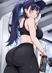 1girl absurdres alternate_costume armpits ass ass_focus bare_shoulders baseball_cap black_hair black_pants black_sports_bra blue_eyes blue_hair blurry blurry_background blush bottle breasts colored_inner_hair copyright_name from_behind grin gym hat high_ponytail highres holding holding_bottle holding_towel hololive hololive_english huge_ass indoors large_breasts long_hair looking_at_viewer midriff multicolored_hair ouro_kronii pants ponytail rinse_7 smile solo sports_bottle sports_bra sweat teeth towel turning_head twitter_username two-tone_hair virtual_youtuber wiping_sweat yoga_pants