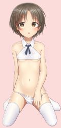 Rule 34 | 10s, 1girl, absurdres, blush, breasts, brown eyes, brown hair, collarbone, girls und panzer, groin, highres, looking to the side, maruyama saki, navel, open mouth, panties, panty pull, pink background, sc naru, short hair, simple background, small breasts, solo, thighhighs, underboob, underwear, white panties, white thighhighs