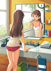Rule 34 | 1girl, arm support, ass, bare legs, bathroom, breasts, brown eyes, brown hair, brushing teeth, camisole, cleavage, clock, cup, day, drawer, drinking glass, flower, from behind, glass, indoors, katou akatsuki, legs, long hair, looking at mirror, medium breasts, mirror, morning on earth, original, panties, industrial pipe, plant, potted plant, red panties, reflection, sink, soap, solo, spaghetti strap, strap slip, sunlight, tissue, tissue box, toothbrush, towel, trash can, underwear, underwear only, water, window