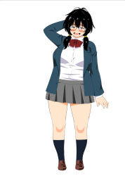 Rule 34 | 1girl, bad id, bad pixiv id, blazer, blue socks, blush, bow, breasts, collared shirt, drain (drain0214), full body, glasses, grey skirt, hair between eyes, jacket, jimiko, large breasts, loafers, looking at viewer, low twintails, original, pleated skirt, plump, school uniform, shirt, shoes, simple background, skirt, smile, socks, solo, standing, twintails, white background, white shirt
