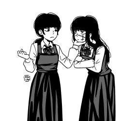 Rule 34 | 2girls, black hair, black ribbon, chainsaw man, collared shirt, cross scar, crossed arms, dress, facial scar, greyscale, hand on another&#039;s chin, highres, long hair, looking at another, mitaka asa, monochrome, multiple girls, neck ribbon, osulan, pinafore dress, ribbon, scar, scar on cheek, scar on face, shirt, simple background, sleeveless dress, twintails, white background, white shirt, yoru (chainsaw man)