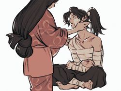 Rule 34 | 1boy, 1girl, bandaged arm, bandaged chest, bandaged leg, bandages, bandaid, bandaid on cheek, bandaid on face, barefoot, black hair, black pants, bruise, collarbone, extra, folded hair, hair tubes, hand on another&#039;s face, head tilt, high ponytail, highres, indian style, ine (zx o4), injury, invisible chair, japanese clothes, kimono, long hair, long sleeves, looking at another, looking away, low-tied long hair, mother and son, pants, ponytail, rakudai ninja rantarou, reaching, red kimono, simple background, sitting, standing, white background, yamada rikichi