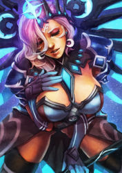 Rule 34 | 1girl, absurdres, alternate hair color, atlantic mercy, black thighhighs, breasts, cleavage, closed eyes, commentary, crown, earrings, english commentary, eyelashes, eyeshadow, forehead jewel, hair over one eye, highres, jewelry, large breasts, lips, makeup, mercy (overwatch), monori rogue, nose, official alternate costume, overwatch, overwatch 1, pink hair, solo, stud earrings, thighhighs