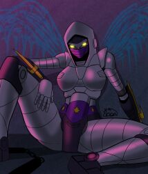 Rule 34 | 1girl, black panties, breasts, glowing, glowing eyes, highres, humanoid robot, mask, medium breasts, mouth mask, nightbird (transformers), panties, purple mask, robot, robot girl, sai (weapon), shan 4rt, sitting, solo, spread legs, thick thighs, thighs, transformers, underwear, yellow eyes