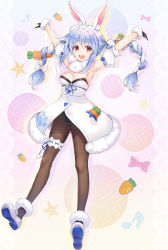 Rule 34 | 1girl, :d, animal ear fluff, animal ears, armpits, arms up, bare shoulders, black gloves, black leotard, blue hair, braid, breasts, brown pantyhose, carrot hair ornament, commentary request, detached sleeves, don-chan (usada pekora), dress, food-themed hair ornament, full body, fur-trimmed dress, fur-trimmed gloves, fur trim, gloves, hair between eyes, hair ornament, highres, hololive, leotard, long hair, looking at viewer, medium breasts, multicolored hair, open mouth, pantyhose, polka dot, polka dot background, puffy short sleeves, puffy sleeves, rabbit ears, red eyes, shoe soles, shoes, short eyebrows, short sleeves, smile, solo, star (symbol), strapless, strapless dress, strapless leotard, teeth, thick eyebrows, twin braids, twintails, two-tone hair, upper teeth only, usada pekora, usada pekora (1st costume), very long hair, virtual youtuber, white dress, white footwear, white hair, white sleeves, youta