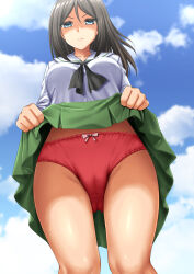 Rule 34 | 1girl, absurdres, black hair, black neckerchief, blouse, blue eyes, blue sky, bow, bow panties, closed mouth, cloud, cloudy sky, commentary request, commission, crotch seam, day, from below, frown, girls und panzer, glaring, green skirt, half-closed eyes, highres, lifted by self, long hair, long sleeves, looking at viewer, miniskirt, neckerchief, nonna (girls und panzer), ooarai school uniform, outdoors, panties, partial commentary, pleated skirt, red panties, sailor collar, school uniform, serafuku, shirt, skeb commission, skirt, sky, solo, standing, swept bangs, underwear, white sailor collar, white shirt, zanntetu