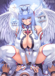 Rule 34 | 1girl, angel, angel wings, antenna hair, artist name, blue hair, boots, breasts, cameltoe, cleavage, cleavage cutout, cleft of venus, clothing cutout, comic unreal, covered erect nipples, cowgirl position, elbow gloves, fingerless gloves, gloves, halo, halterneck, head wings, hexagram, highres, huge breasts, jewelry, leotard, long hair, low-tied long hair, mogudan, pov, puffy nipples, purple eyes, sidelocks, smile, solo focus, squatting, straddling, sweat, thigh boots, thighhighs, tower, very long hair, wings