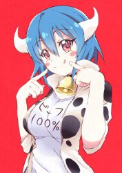 Rule 34 | 1girl, absurdres, animal print, bell, blue hair, blush, blush stickers, breasts, brown eyes, cow girl, cow horns, cow print, cowbell, highres, horns, jacket, jashin-chan dropkick, large breasts, looking at viewer, minos (jashin-chan dropkick), neck bell, print jacket, red background, shirt, short hair, simple background, smile, solo, tongue, tongue out, yuuki shushu