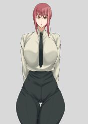 Rule 34 | 1girl, black pants, breasts, business suit, chainsaw man, collared shirt, formal, iita nori, large breasts, long sleeves, looking at viewer, makima (chainsaw man), necktie, pants, red eyes, red hair, shirt, solo, suit, white shirt, wide sleeves