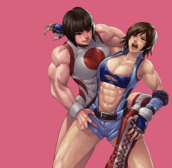 Rule 34 | 2girls, abs, absurdres, blush, brown hair, elbow pads, closed eyes, fauzy zulvikar firmansyah, fingerless gloves, gloves, grin, highres, jumpsuit, kazama asuka, multiple girls, muscular, muscular female, pain, painting (medium), ryona, smile, sports bra, submission hold, sweat, tekken, torn clothes, traditional media, unzipped, watercolor (medium), wrestling, wrestling outfit, yamato nadeshiko (street fighter)