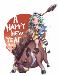 Rule 34 | 1girl, 2019, absurdres, barefoot, boar, bracelet, caveman, chinese zodiac, english text, feathers, green hair, grin, hair ornament, highres, jewelry, long hair, looking at viewer, madbros, messy hair, missing tooth, necklace, nengajou, new year, original, over shoulder, polearm, prehistoric, red eyes, riding, skull hair ornament, smile, spear, tribal, tusks, weapon, weapon over shoulder, white background, year of the pig