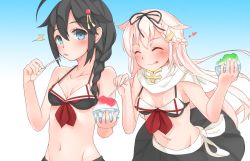 Rule 34 | 10s, 2girls, :p, ^^^, ahoge, bikini, blonde hair, blue eyes, blush, braid, breasts, cleavage, closed eyes, food, gradient background, hair flaps, hair ornament, hair ribbon, hairclip, kantai collection, long hair, mouth hold, multiple girls, navel, red eyes, remodel (kantai collection), ribbon, sakurea, scarf, shared food, sharing food, shaved ice, shigure (kancolle), single braid, skirt, small breasts, smile, spoon, swimsuit, tongue, tongue out, wavy mouth, yuudachi (kancolle)