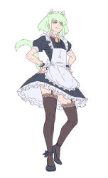 Rule 34 | 1boy, 45liza109, absurdres, alternate costume, animal ear fluff, animal ears, bell, black footwear, brown thighhighs, cat ears, cat tail, closed mouth, frills, garter straps, green hair, hands on own hips, high heels, highres, lio fotia, maid, maid headdress, male focus, pink eyes, promare, simple background, smile, solo, standing, tail, thighhighs, toned, toned male, trap, twitter username, white background