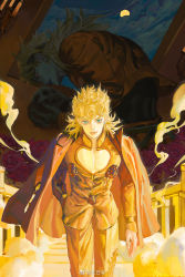 Rule 34 | 2boys, aqua eyes, arm at side, belt, black shirt, blonde hair, brooch, bug, candle, cleavage cutout, closed mouth, clothing cutout, cloud, cloudy sky, coat, coat on shoulders, cowboy shot, curly hair, dark, dio brando, earrings, elna7070, father and son, flower, full moon, giorno giovanna, hand in pocket, headband, heart cutout, highres, holding, holding skull, bug, jacket, jewelry, jojo no kimyou na bouken, ladybug, leaning forward, lipstick, long hair, long sleeves, looking at viewer, makeup, pectoral cleavage, male focus, medium hair, moon, multiple boys, night, orange jacket, orange pants, pants, pectorals, red eyes, rose, shirt, skull, sky, smile, stardust crusaders, stud earrings, vento aureo, walking, weibo watermark, window, yellow theme