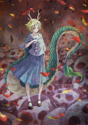 Rule 34 | 1girl, antlers, black footwear, blonde hair, blue shirt, blue skirt, breasts, character name, closed mouth, collarbone, commentary request, copyright name, dragon horns, dragon tail, full body, hair between eyes, hand up, horns, kicchou yachie, looking at viewer, mary janes, pleated skirt, red eyes, satyuas, shirt, shoes, short hair, skirt, skull, sleeves past elbows, small breasts, smile, solo, standing, tail, touhou, turtle shell