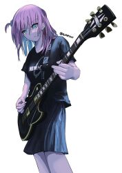 Rule 34 | 1girl, absurdres, airfryer1892, black shirt, black skirt, blue eyes, blue hair, bocchi the rock!, colored inner hair, commentary, english commentary, frown, gotoh hitori, guitar, hair behind ear, highres, holding, holding plectrum, instrument, long hair, looking down, multicolored hair, music, one side up, pink hair, playing instrument, plectrum, shirt, skirt, solo, twitter username, v-shaped eyebrows