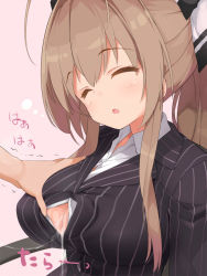 Rule 34 | 10s, 1girl, amagi brilliant park, antenna hair, bow, breasts, brown hair, business suit, cleavage, cum, cum on body, cum on breasts, cum on upper body, cum string, closed eyes, formal, hair bow, kaisen chuui, large breasts, long hair, long sleeves, open mouth, ponytail, sento isuzu, sleep molestation, sleeping, solo focus, suit