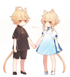 Rule 34 | 1boy, 1girl, aether (genshin impact), aged down, ahoge, alternate costume, animal ear fluff, animal ears, artist name, black footwear, black shirt, black shorts, blonde hair, blue dress, braid, brother and sister, cat ears, cat tail, child, clenched hand, closed mouth, dress, flower, full body, genshin impact, gradient clothes, gradient dress, hair between eyes, hair flower, hair ornament, holding, holding hands, kemonomimi mode, long hair, looking at viewer, lumine (genshin impact), mandarin collar, ocha0w0, puffy short sleeves, puffy sleeves, shirt, shoes, short hair, short hair with long locks, short sleeves, shorts, siblings, sidelocks, simple background, standing, tail, white background, white dress, white flower, white footwear, yellow eyes