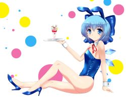 Rule 34 | 1girl, animal ears, bare legs, blue eyes, blue hair, blue leotard, bow, bowtie, rabbit ears, cirno, cup, far far, hair bow, high heels, highres, ice, ice wings, leotard, matching hair/eyes, playboy bunny, pumps, ribbon, shoes, short hair, sitting, smile, solo, touhou, tray, wings