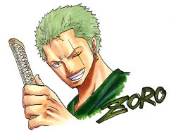 Rule 34 | 1boy, character name, green hair, male focus, marker (medium), one-eyed, one piece, roronoa zoro, smile, solo, sword, takatin, traditional media, wado ichimonji, weapon