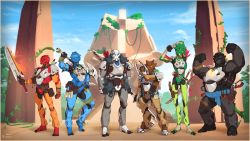 Rule 34 | 1girl, 5boys, absurdres, arm blade, armor, axe, battle axe, bionicle, breastplate, collaboration, commentary, cyborg, double-blade, english commentary, flaming weapon, flexing, full body, gali (bionicle), glowing, glowing eyes, group picture, highres, holding, holding sword, holding weapon, iron duck, jungle, justrube, katana, kopaka (bionicle), lewa (bionicle), mask, multiple boys, nature, onua (bionicle), pauldrons, pohatu (bionicle), post-apocalypse, sheath, sheathed, shoulder armor, size difference, sword, tahu (bionicle), the lego group, thick thighs, thighs, weapon, weapon on back