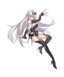 Rule 34 | 1girl, absurdres, between fingers, black footwear, black gloves, black leotard, boots, breasts, cleavage, dagger, eir, elbow gloves, floating hair, from side, full body, garter straps, gloves, high heel boots, high heels, highres, holding, holding dagger, holding knife, holding weapon, knife, knives between fingers, leotard, long hair, mask, mask on head, medium breasts, original, sideboob, silver hair, simple background, solo, standing, thigh boots, thighhighs, very long hair, weapon, white background