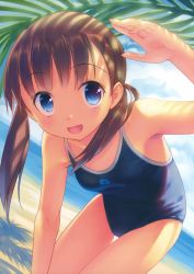 Rule 34 | 1girl, :d, absurdres, bare arms, bare shoulders, beach, blue eyes, blue one-piece swimsuit, blue sky, blush, breasts, brown hair, cloud, competition school swimsuit, dappled sunlight, day, eyebrows, highres, leaning forward, long hair, looking at viewer, ocean, one-piece swimsuit, open mouth, original, outdoors, sand, scan, school swimsuit, shade, sky, small breasts, smile, solo, sunlight, swimsuit, takoyaki (roast), tree shade, twintails, water