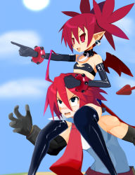 Rule 34 | 1girl, adell (disgaea), boots, demon girl, disgaea, elbow gloves, etna (disgaea), gloves, highres, red hair, skirt, thigh boots, thighhighs, twintails, wings