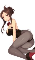 Rule 34 | 1girl, ass, black leotard, black pantyhose, bow, bowtie, breasts, brown eyes, brown hair, detached collar, dorothy (princess principal), full body, hair up, high heels, highres, large breasts, leotard, long hair, looking at viewer, lying, on side, pantyhose, playboy bunny, princess principal, purple eyes, rabbit tail, simple background, smile, solo, sonzai soumei, strapless, strapless leotard, tail, white background
