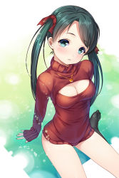 Rule 34 | 10s, 1girl, alternate costume, black hair, black legwear, blue eyes, breasts, cleavage, cleavage cutout, clothing cutout, hair ribbon, highres, jewelry, kantai collection, long hair, looking at viewer, meme attire, mikuma (kancolle), necklace, open-chest sweater, paint musume, ribbed sweater, ribbon, sitting, small breasts, solo, sweater, turtleneck, twintails