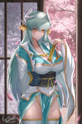 1girl absurdres aged_up aqua_hair aqua_kimono blush bow breasts cleavage cowboy_shot dragon_girl dragon_horns fate/grand_order fate_(series) folding_fan hair_between_eyes hand_fan highres horns japanese_clothes kimono kiyohime_(fate) large_breasts long_hair looking_at_viewer multiple_horns obi sash smile solo very_long_hair volkein wide_hips wide_sleeves yellow_bow yellow_eyes