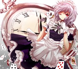 Rule 34 | 1girl, ace (playing card), ace of spades, card, clock, embodiment of scarlet devil, floating card, female focus, gloves, highres, holding, holding card, izayoi sakuya, king (playing card), king of diamonds, king of spades, maid, maid headdress, playing card, red eyes, silver hair, solo, spade (shape), touhou, yuki 201