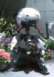 Rule 34 | bad id, bad twitter id, borrowed character, flower, highres, holding, holding watering can, kusami toka naku au, no humans, non-humanoid robot, original, pink flower, purple flower, red flower, robot, science fiction, solo, standing, watering, watering can, white flower