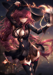 Rule 34 | 1girl, absurdres, arm up, been, black dress, black hat, black thighhighs, blurry, blurry background, book, braid, braided ponytail, breasts, cleavage, closed mouth, clothing cutout, dress, elesis (elsword), elsword, eyes visible through hair, floating hair, hair between eyes, hat, highres, holding, holding wand, large breasts, long hair, long sleeves, looking at viewer, navel, navel cutout, nipples, ponytail, red eyes, red hair, short dress, smile, solo, standing, thighhighs, torn clothes, torn dress, very long hair, wand, witch hat, zettai ryouiki
