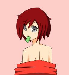 Rule 34 | 1girl, bare shoulders, condom, condom in mouth, grey eyes, looking back, lunarisaileron, mouth hold, red hair, ruby rose, rwby, simple background, solo