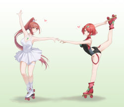Rule 34 | absurdres, alternate costume, breasts, chest jewel, dress, glimmer (xenoblade), highres, large breasts, mother and daughter, okazakileo, pyra (pro swimmer) (xenoblade), pyra (xenoblade), roller skates, simple background, skates, white background, white dress, xenoblade chronicles (series), xenoblade chronicles 2, xenoblade chronicles 3, xenoblade chronicles 3: future redeemed