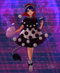 Rule 34 | 1girl, bad id, bad pixiv id, blob, blue eyes, blue hair, book, boots, capelet, dated, doremy sweet, dress, full body, full moon, gradient background, grin, hat, highres, itirirenn, looking at viewer, matching hair/eyes, moon, nightcap, short hair, signature, smile, solo, striped, striped background, tail, tapir tail, touhou