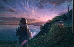 Rule 34 | 1girl, blue jacket, blue skirt, blue sky, brown hair, cellphone, cloud, commentary request, facing away, from behind, holding, holding phone, jacket, kai sei, light particles, long sleeves, ocean, original, outdoors, phone, pier, pleated skirt, power lines, purple sky, railroad tracks, scarf, scenery, skirt, sky, smartphone, solo, train, utility pole