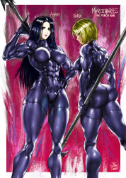 Rule 34 | 2girls, asami (one-punch man), ass, black hair, blonde hair, bodysuit, breasts, character name, covered erect nipples, from behind, gloves, hand on own hip, highres, large breasts, lipstick, long hair, looking at viewer, makeup, medium breasts, multiple girls, muscular, muscular female, narrow waist, noria (one-punch man), one-punch man, polearm, short hair, skin tight, smile, spear, the golden smurf, thighs, weapon, yellow eyes