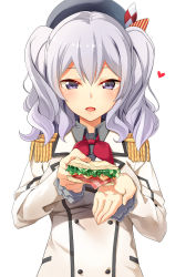 Rule 34 | 10s, 1girl, absurdres, ascot, bacon, blue eyes, blush, breasts, buttons, byte (allbyte), cheese, collared shirt, epaulettes, feeding, food, frilled sleeves, frills, grey eyes, grey hair, grey shirt, hair between eyes, hair ribbon, hat, heart, highres, holding, holding food, incoming food, jacket, kantai collection, kashima (kancolle), kerchief, large breasts, lettuce, long hair, long sleeves, looking at viewer, medium breasts, military, military uniform, neckerchief, open mouth, pov, pov feeding, ribbon, sandwich, shirt, shizuka (deatennsi), sidelocks, simple background, smile, solo, tomato, tsurime, twintails, uniform, upper body, wavy hair, white background, wing collar