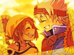Rule 34 | 1boy, 1girl, age difference, artist request, bandana, blush, brown hair, child, cleru, closed eyes, flower, grin, height difference, razzy, short hair, smile, summon night, summon night: swordcraft story, sunflower, white hair