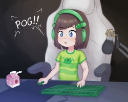 Rule 34 | 1girl, animal print, black background, blue eyes, blush, brown hair, chair, child, english text, exclamation mark, food, food print, freckles, frog, frog print, fruit, gaming chair, green hair ornament, green headphones, green headwear, green shirt, hair ornament, headphones, indie virtual youtuber, keyboard (computer), lily hopkins, luminadreams, microphone, milk, milk box, milk carton, mouse (computer), mousepad, open mouth, shirt, simple background, strawberry, strawberry milk, strawberry print, striped clothes, striped shirt, swivel chair, t-shirt, table, tagme, upper body
