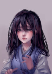 Rule 34 | 1girl, absurdres, artist name, bad id, bad pixiv id, black hair, blush, brown eyes, commentary request, ekdekd789, eyelashes, grey background, hair between eyes, hanbok, hands up, highres, korean clothes, lips, long hair, nose, original, red lips, simple background, solo, upper body, upset