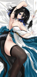 Rule 34 | 1girl, absurdres, arknights, arm up, armpits, bare shoulders, bed sheet, black hair, black thighhighs, blue eyes, blue nails, breasts, cleavage, commentary, detached collar, dress, duster, feather duster, feet out of frame, groin, highres, holding, kjera (arknights), kjera (ingenious servant) (arknights), large breasts, looking at viewer, lying, maid, maid headdress, nail polish, official alternate costume, short hair, solo, strapless, strapless dress, thick thighs, thighhighs, thighs, white dress, wrist cuffs, yuweishizi