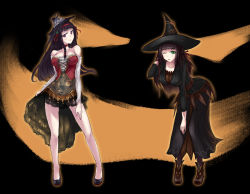 Rule 34 | 2girls, ;p, absurdres, alternate costume, aoba (warship girls r), bare legs, bare shoulders, black background, black footwear, black hair, black hat, black robe, blunt bangs, braid, breasts, bustier, collarbone, detached sleeves, dong tanhai, floral print, flower, frills, full body, green eyes, hair ribbon, hairband, hand in own hair, hat, highres, kinugasa (warship girls r), leaning forward, legs apart, lipstick, long hair, long sleeves, looking at viewer, makeup, multiple girls, nail polish, one eye closed, red eyes, red ribbon, ribbon, robe, shoes, skirt, smile, standing, tongue, tongue out, warship girls r, witch, witch hat