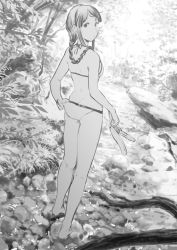 Rule 34 | 1girl, bikini, braid, breasts, greyscale, head tilt, holding, holding clothes, holding footwear, kantai collection, kitakami (kancolle), long hair, looking at viewer, monochrome, outdoors, sandals, sidelocks, single braid, small breasts, solo, standing, swimsuit, uyama hajime, water