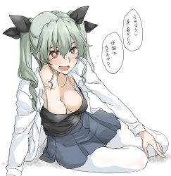 Rule 34 | 1girl, anchovy (girls und panzer), arm support, black undershirt, blue skirt, blush, bra, breasts, breasts apart, cleavage, elf (stroll in the woods), girls und panzer, green hair, hair ornament, hair ribbon, highres, large breasts, looking at viewer, open clothes, open mouth, open shirt, pantyhose, pleated skirt, red eyes, ribbon, shirt, simple background, skirt, solo, speech bubble, translation request, twintails, underwear, white background, white bra, white pantyhose, white shirt