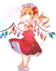 Rule 34 | 1girl, absurdres, ascot, blonde hair, collared shirt, commentary request, crystal, feet out of frame, flandre scarlet, foreshortening, frilled shirt collar, frilled skirt, frilled sleeves, frills, hair between eyes, hat, hat ribbon, highres, long hair, looking at viewer, lower teeth only, mob cap, multicolored wings, nail polish, open mouth, puffy short sleeves, puffy sleeves, red eyes, red nails, red ribbon, red skirt, red vest, ribbon, sasaki sakiko, shirt, short sleeves, side ponytail, simple background, skirt, skirt set, socks, solo, teeth, touhou, upper teeth only, v-shaped eyebrows, vest, white hat, white shirt, white socks, wings, yellow ascot
